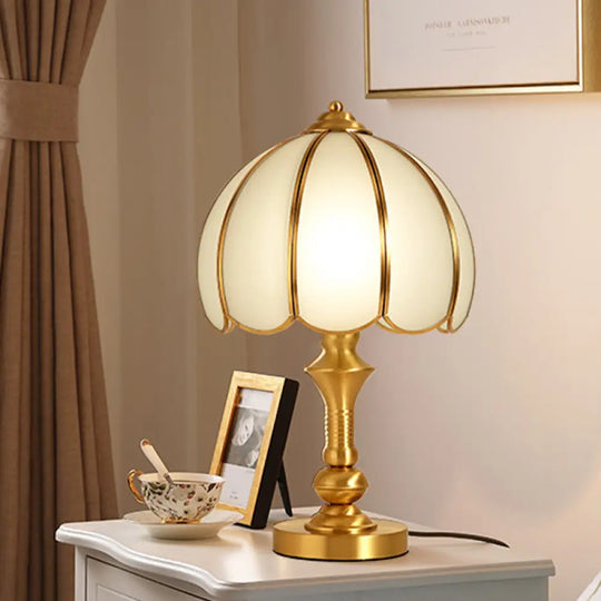 Traditional Brass Table Lamp With Scalloped Dome White Glass Shade