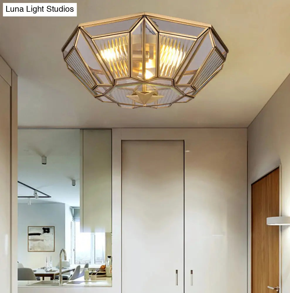 Traditional Brass Tapered Flush Mount Ceiling Light Fixture With 4 Bulbs And Ribbed Glass For
