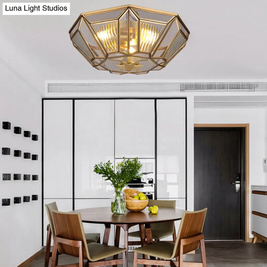 Traditional Brass Tapered Flush Mount Ceiling Light Fixture With 4 Bulbs And Ribbed Glass For Dining