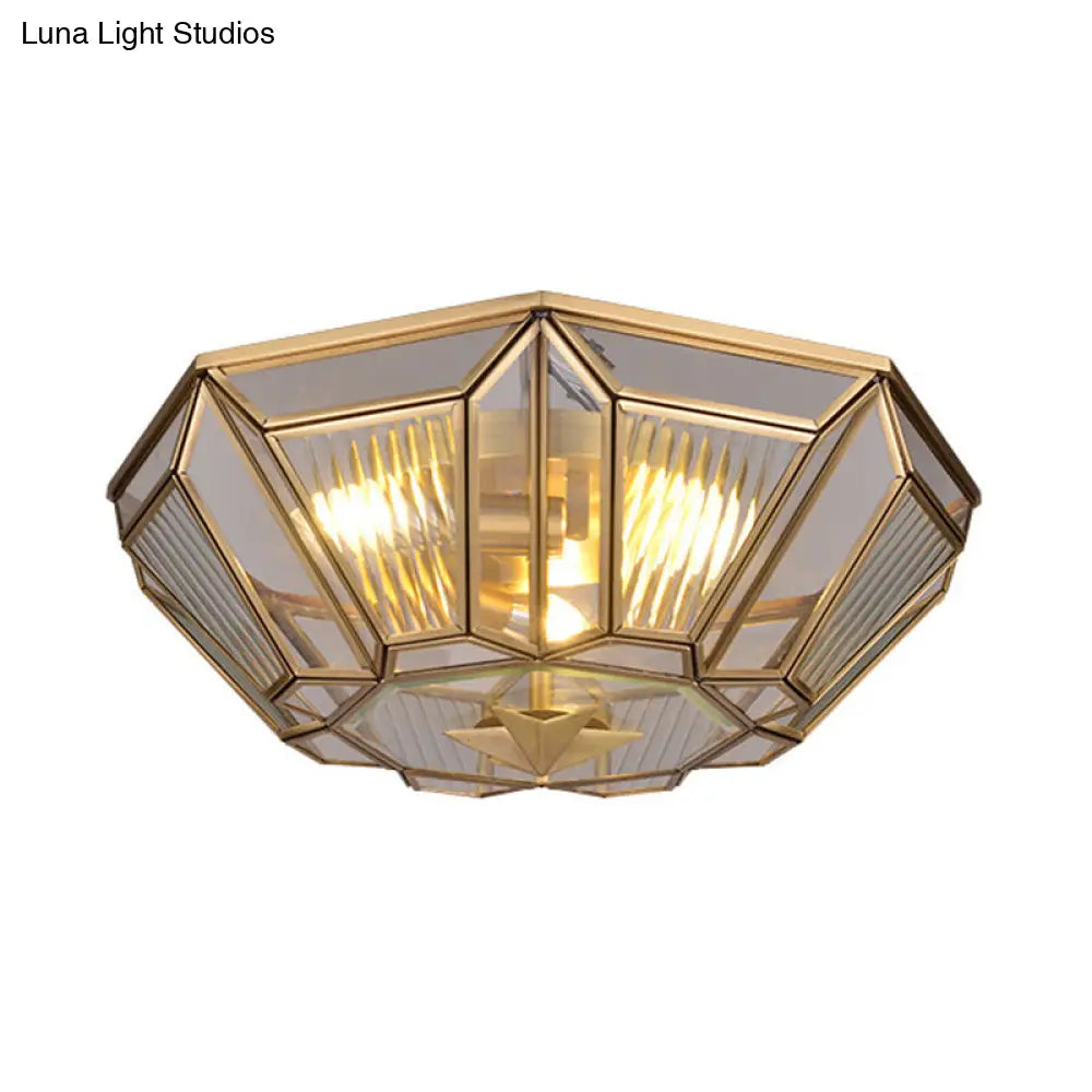 Traditional Brass Tapered Flush Mount Ceiling Light Fixture With 4 Bulbs And Ribbed Glass For Dining