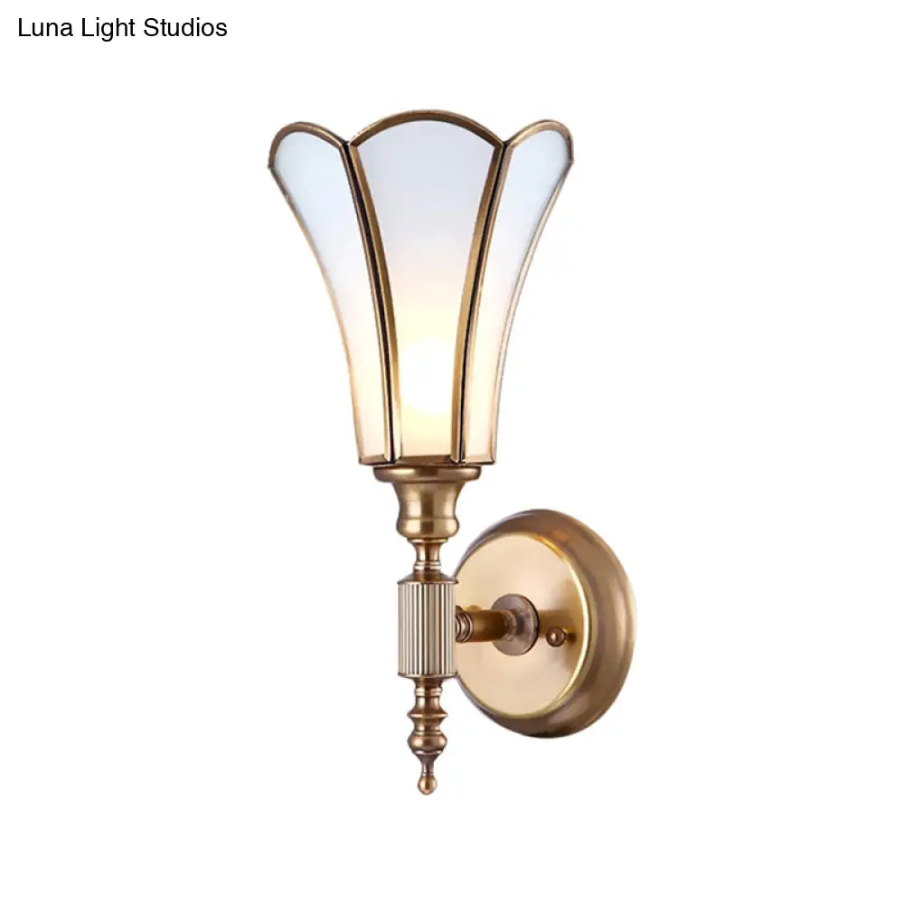 Traditional Brass Wall Lamp With 1-Light Sconce Metal Flower Design & Milk Bevel Glass Shade