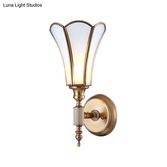 Traditional Brass Wall Lamp With 1-Light Sconce Metal Flower Design & Milk Bevel Glass Shade