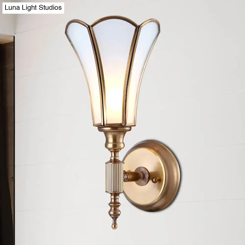 Traditional Brass Wall Lamp With 1-Light Sconce Metal Flower Design & Milk Bevel Glass Shade