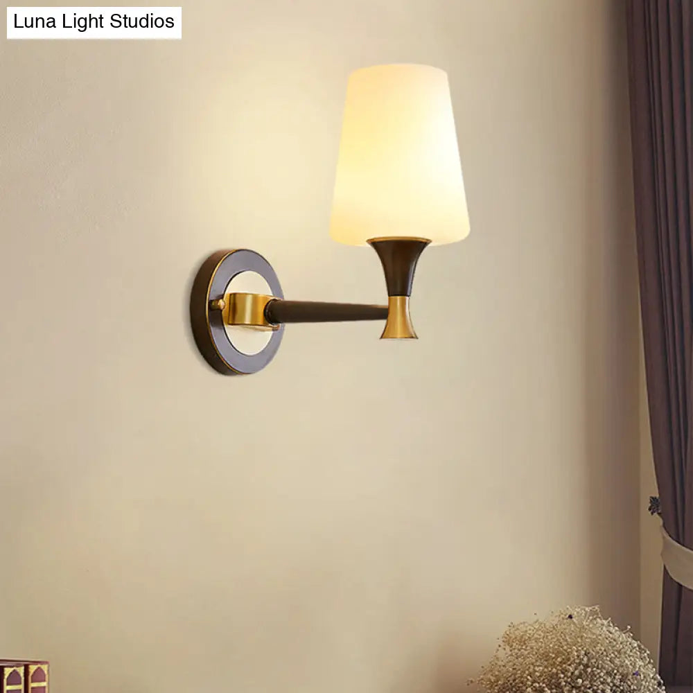 Traditional Brass Wall Mount Light With Tapered Cream Glass Shade - Corridor Fixture