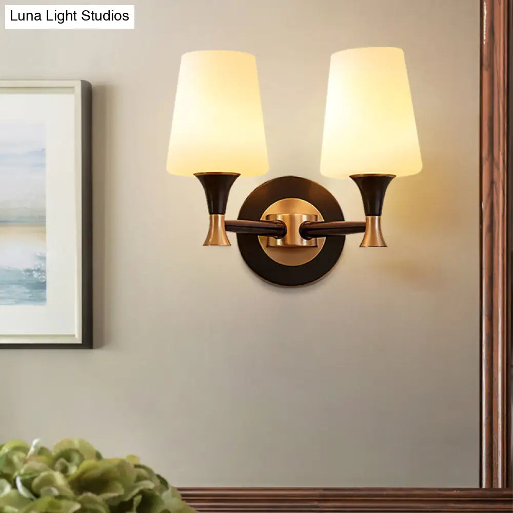 Traditional Brass Wall Mount Light With Tapered Cream Glass Shade - Corridor Fixture