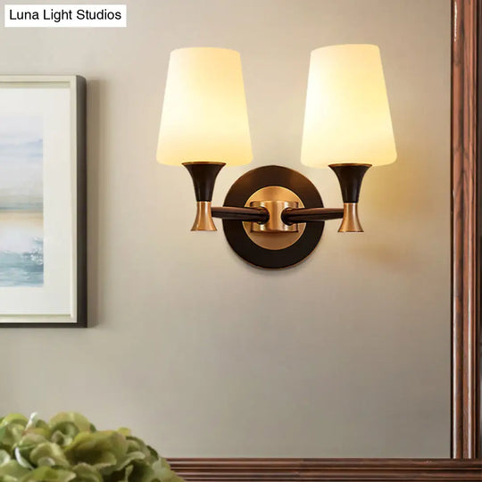 Traditional Brass Wall Mount Light With Tapered Cream Glass Shade - Corridor Fixture