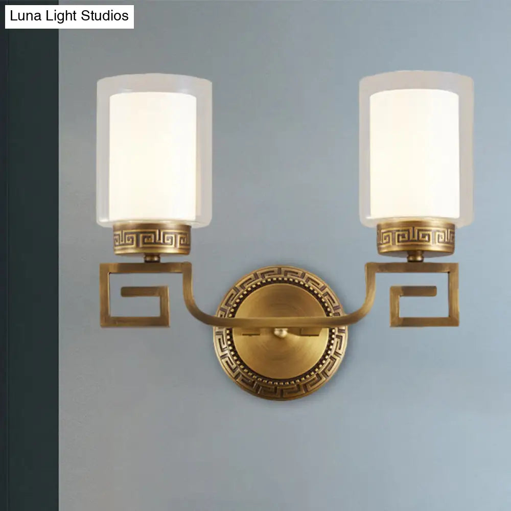 Traditional Brass Wall Sconce Light With Clear And White Dual Cylinder Glass Bulbs