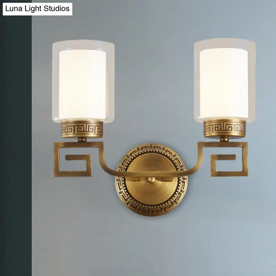 Traditional Brass Wall Sconce Light With Clear And White Dual Cylinder Glass Bulbs