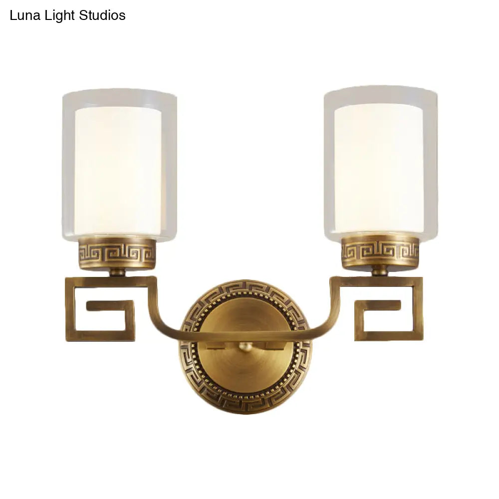 Traditional Brass Wall Sconce Light With Clear And White Dual Cylinder Glass Bulbs