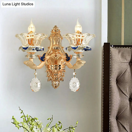 Traditional Brass Wall Sconce Light With Crystal Flower Shade - Perfect For Living Room