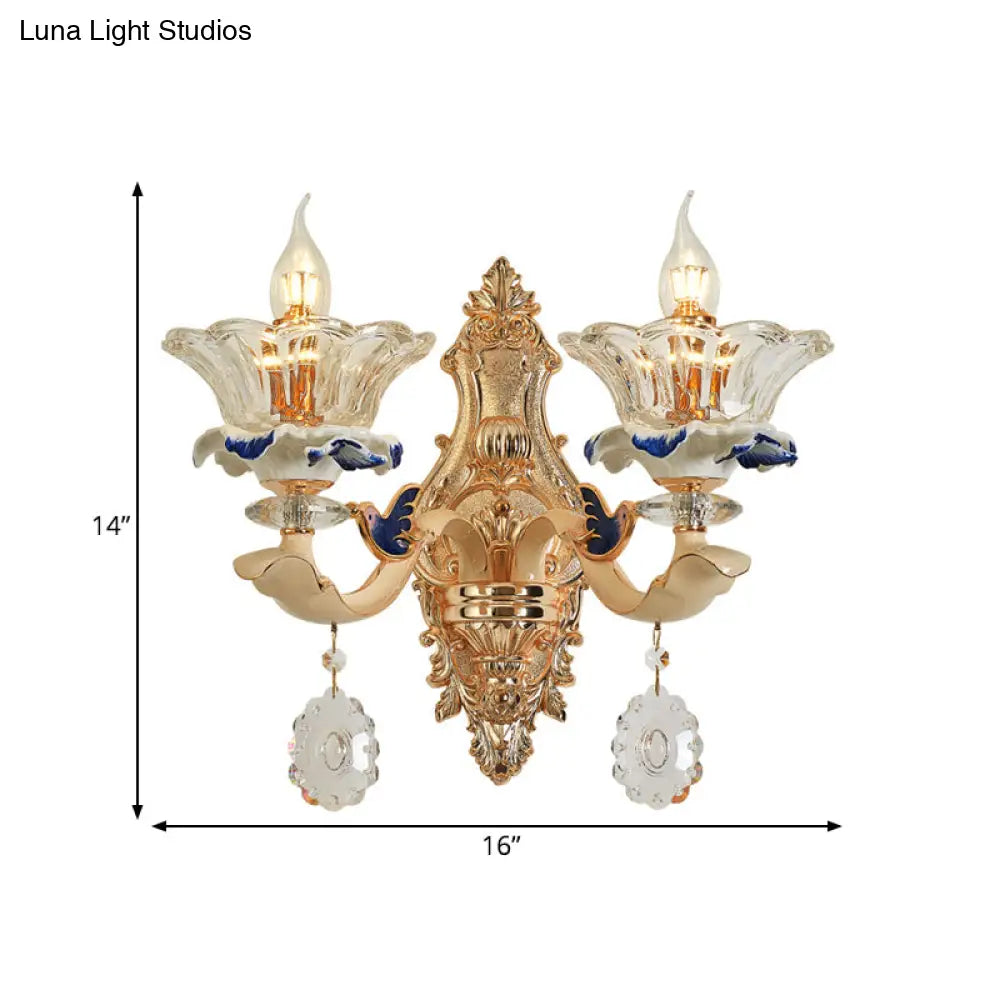 Traditional Brass Wall Sconce Light With Crystal Flower Shade - Perfect For Living Room