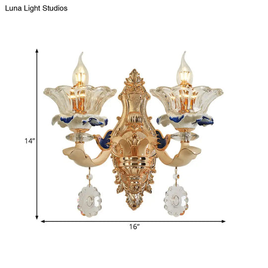 Traditional Brass Wall Sconce Light With Crystal Flower Shade - Perfect For Living Room