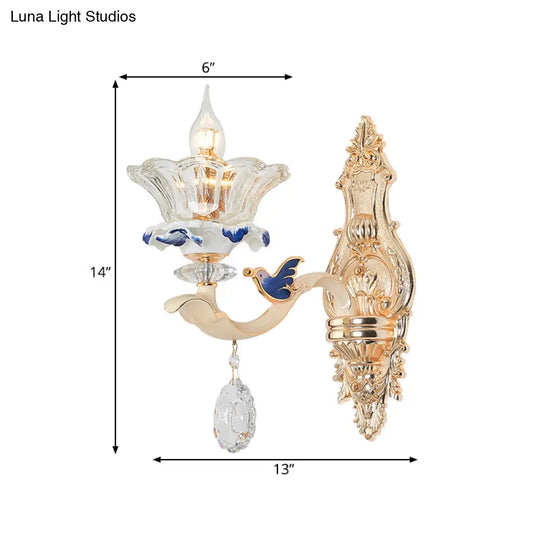 Traditional Brass Wall Sconce Light With Crystal Flower Shade - Perfect For Living Room