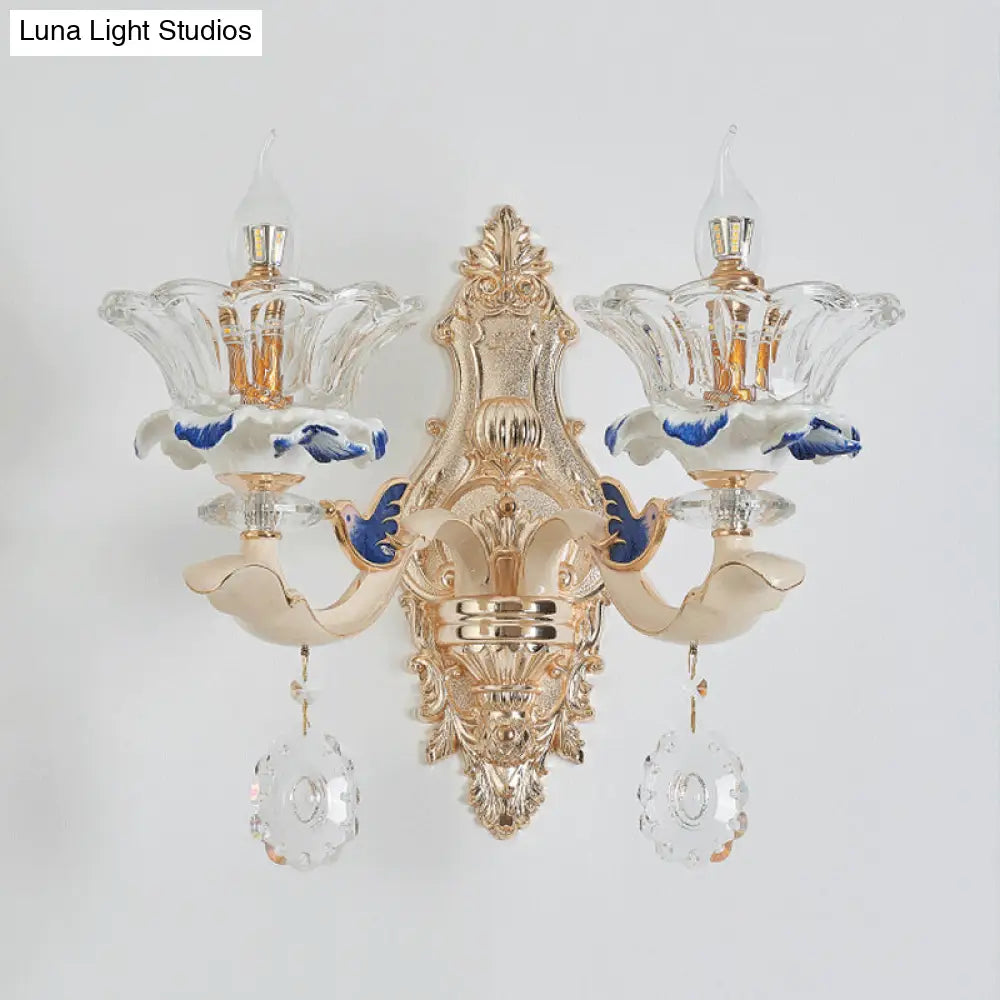 Traditional Brass Wall Sconce Light With Crystal Flower Shade - Perfect For Living Room