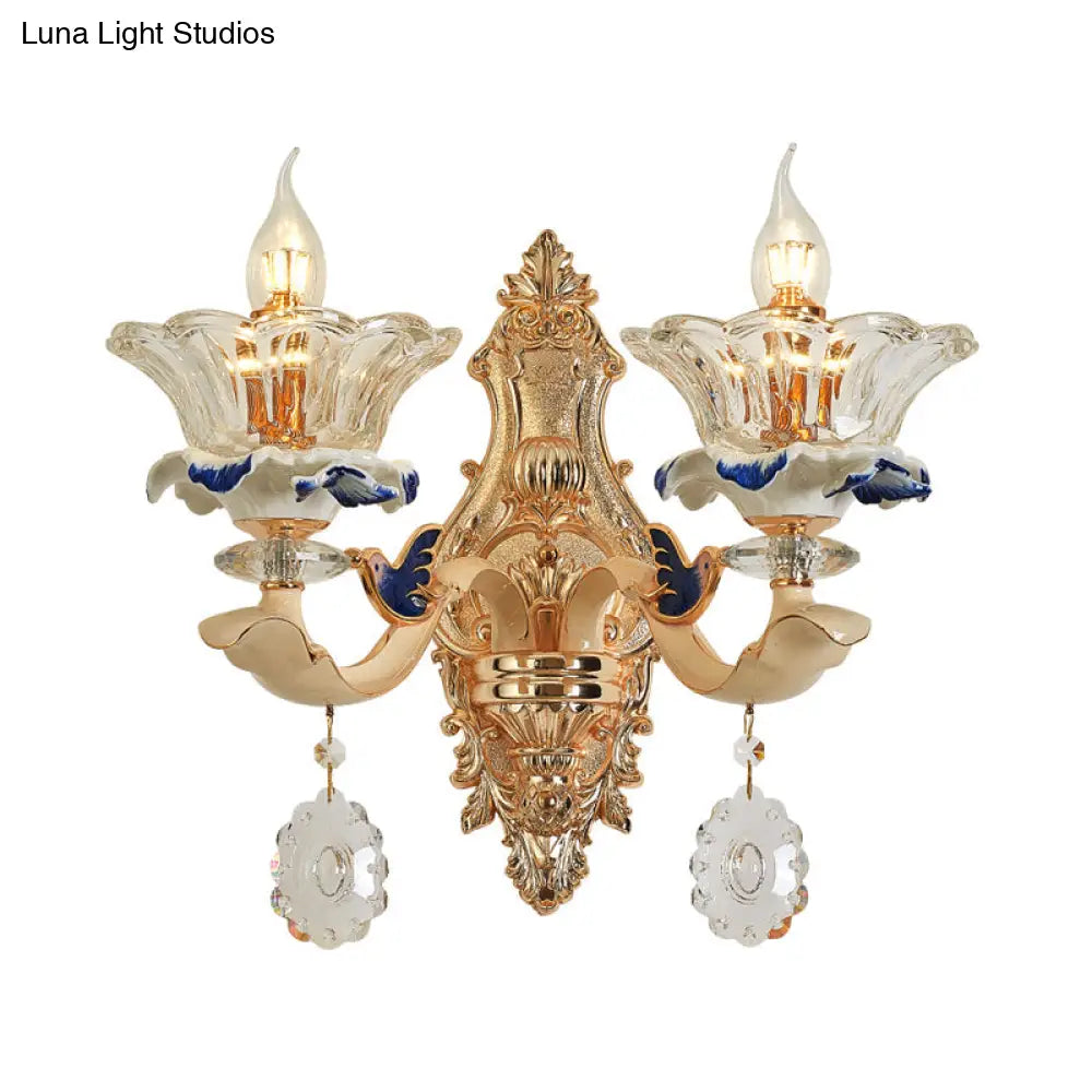 Traditional Brass Wall Sconce Light With Crystal Flower Shade - Perfect For Living Room