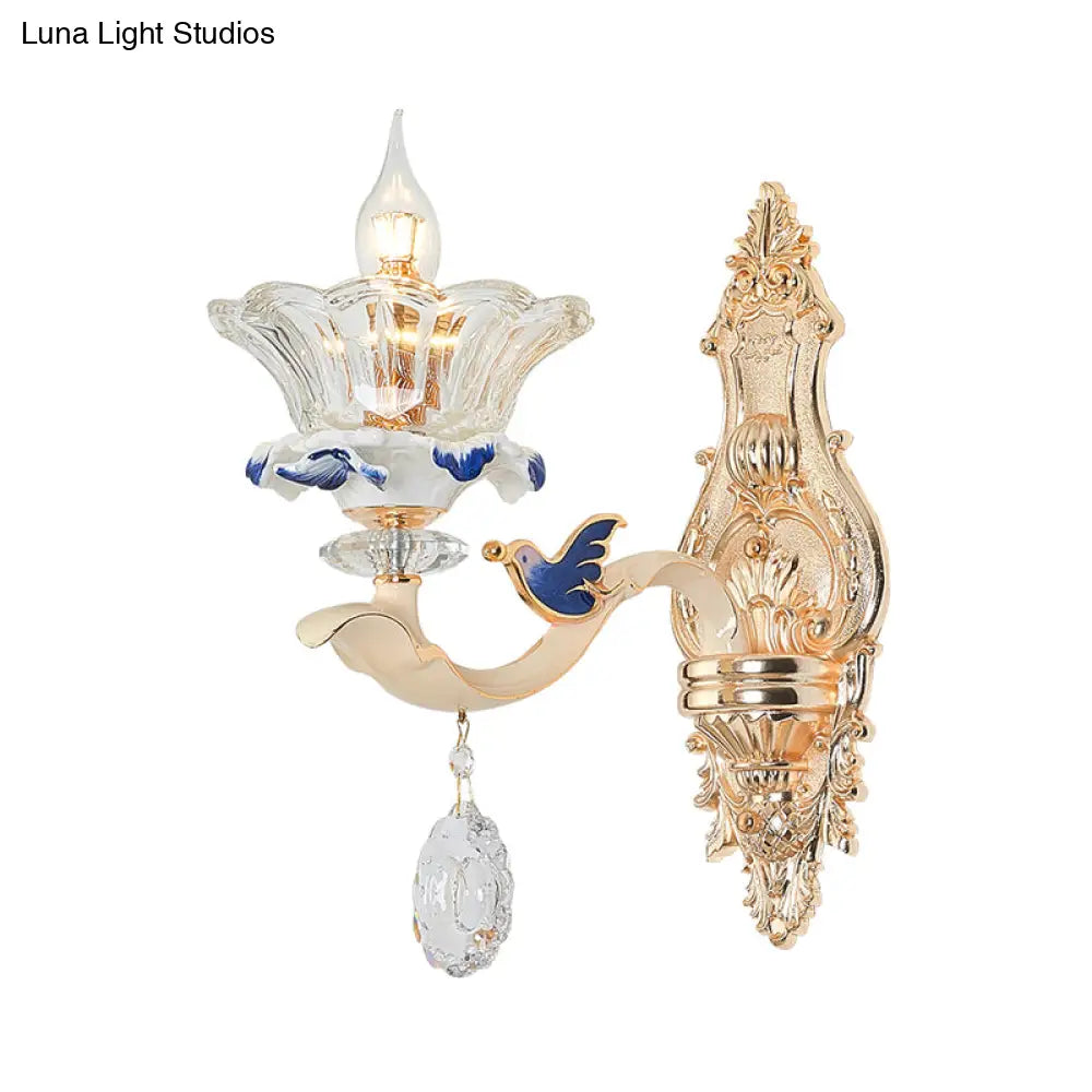 Traditional Brass Wall Sconce Light With Crystal Flower Shade - Perfect For Living Room