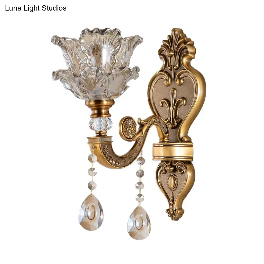 Traditional Brass Wall Sconce With Blossom Water Glass Shade - Ideal Living Room Lighting Fixture