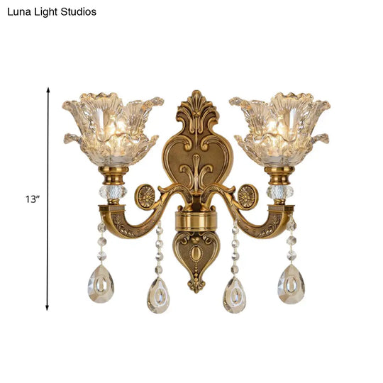 Traditional Brass Wall Sconce With Blossom Water Glass Shade - Ideal Living Room Lighting Fixture