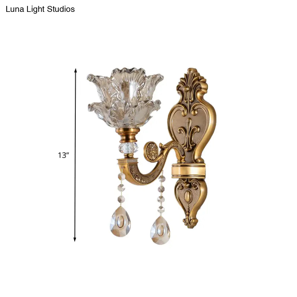 Traditional Brass Wall Sconce With Blossom Water Glass Shade - Ideal Living Room Lighting Fixture