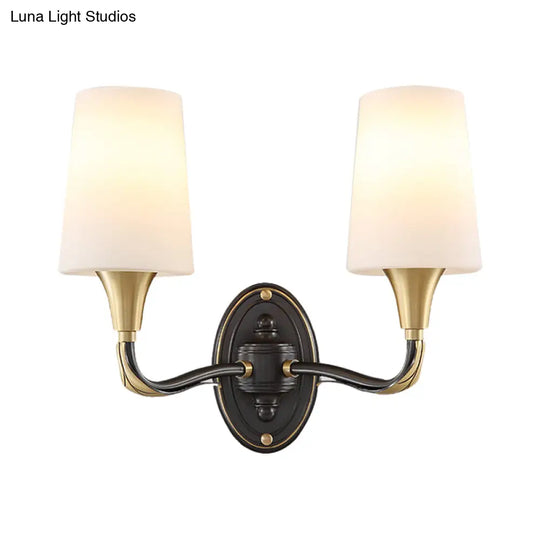 Traditional Brass Wall Sconce With Frosted Glass Shade - Elegant Tapered Design For Corridor