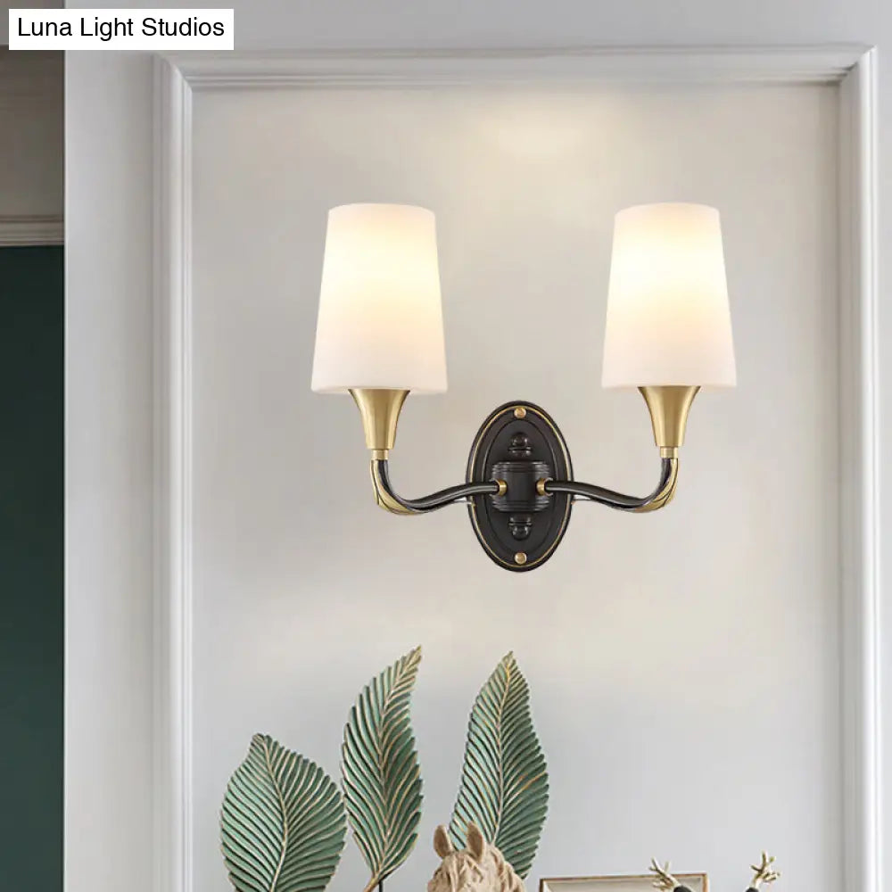 Traditional Brass Wall Sconce With Frosted Glass Shade - Elegant Tapered Design For Corridor