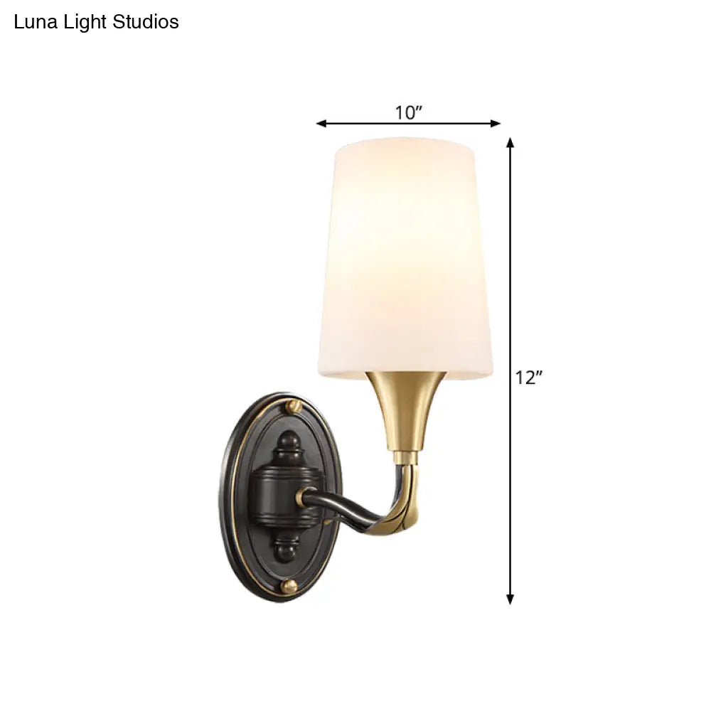 Traditional Brass Wall Sconce With Frosted Glass Shade - Elegant Tapered Design For Corridor