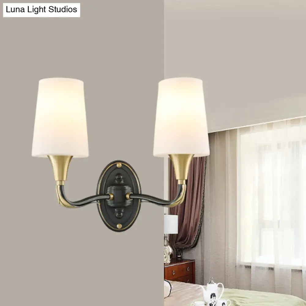 Traditional Brass Wall Sconce With Frosted Glass Shade - Elegant Tapered Design For Corridor