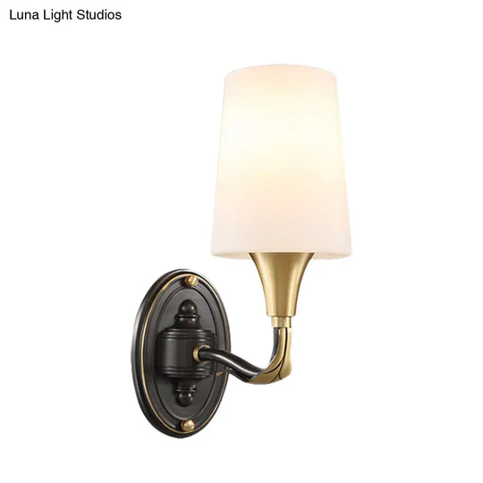 Traditional Brass Wall Sconce With Frosted Glass Shade - Elegant Tapered Design For Corridor