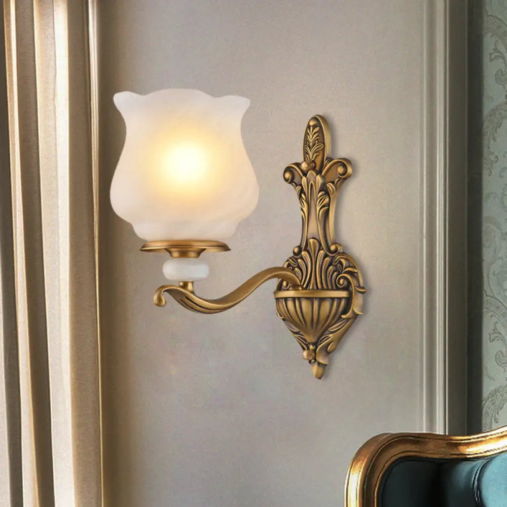 Traditional Brass Wall Sconce With Frosted Glass Shade Half Head Design 1 /