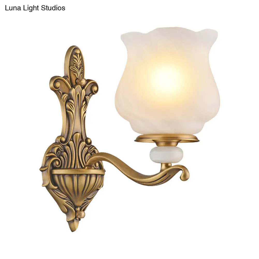 Traditional Brass Wall Sconce With Frosted Glass Shade Half Head Design