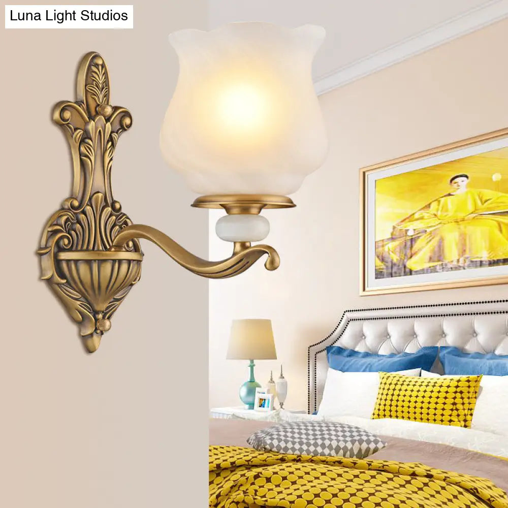 Traditional Brass Wall Sconce With Frosted Glass Shade Half Head Design