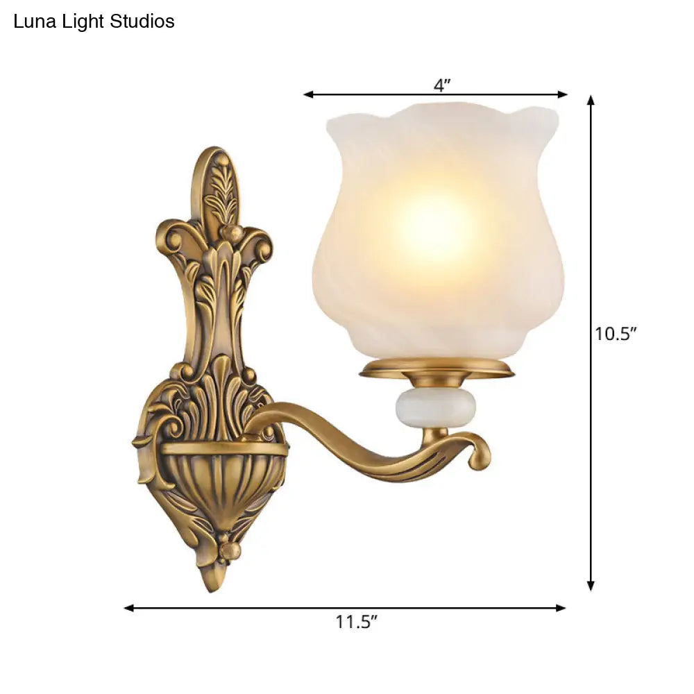 Traditional Brass Wall Sconce With Frosted Glass Shade Half Head Design