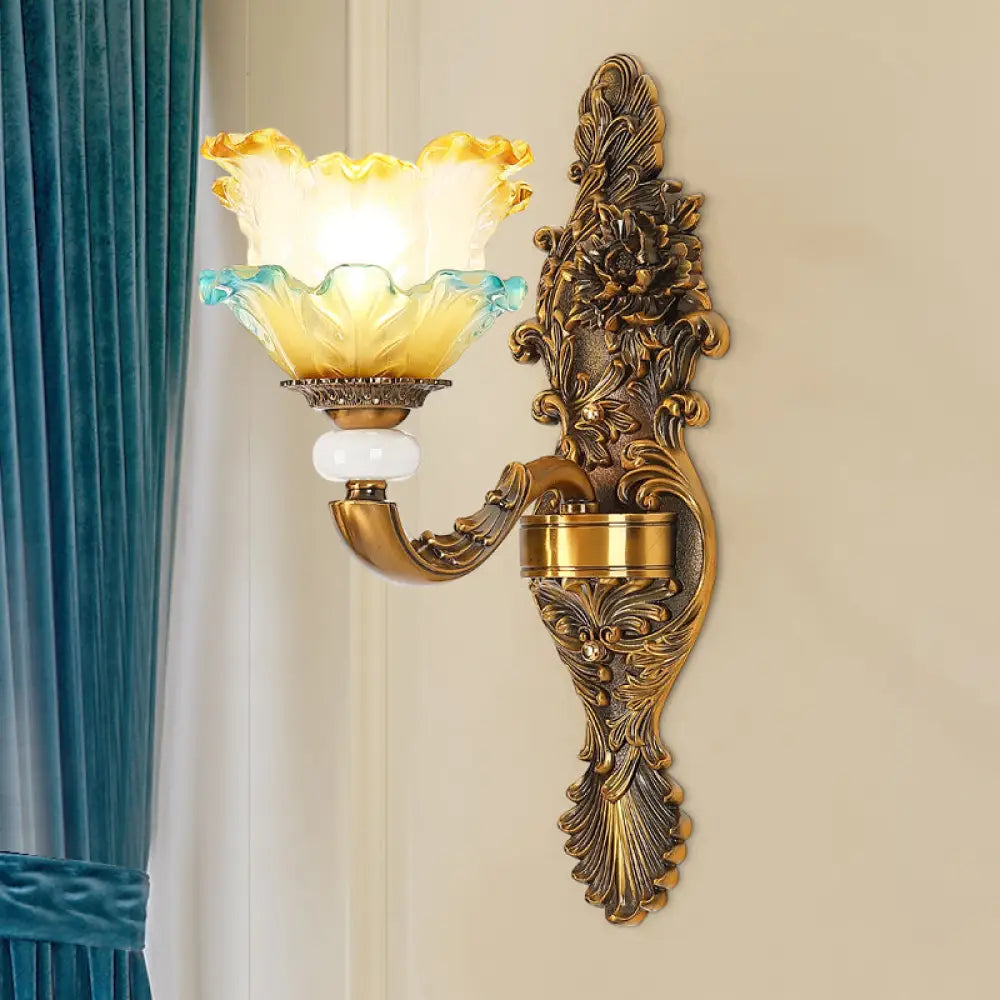 Traditional Brass Wall Sconce With Yellow And Blue Glass Accents Lettuce-Edge Mount Lamp 1/2-Head 1