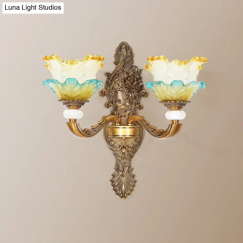 Traditional Brass Wall Sconce With Yellow And Blue Glass Accents Lettuce-Edge Mount Lamp 1/2-Head