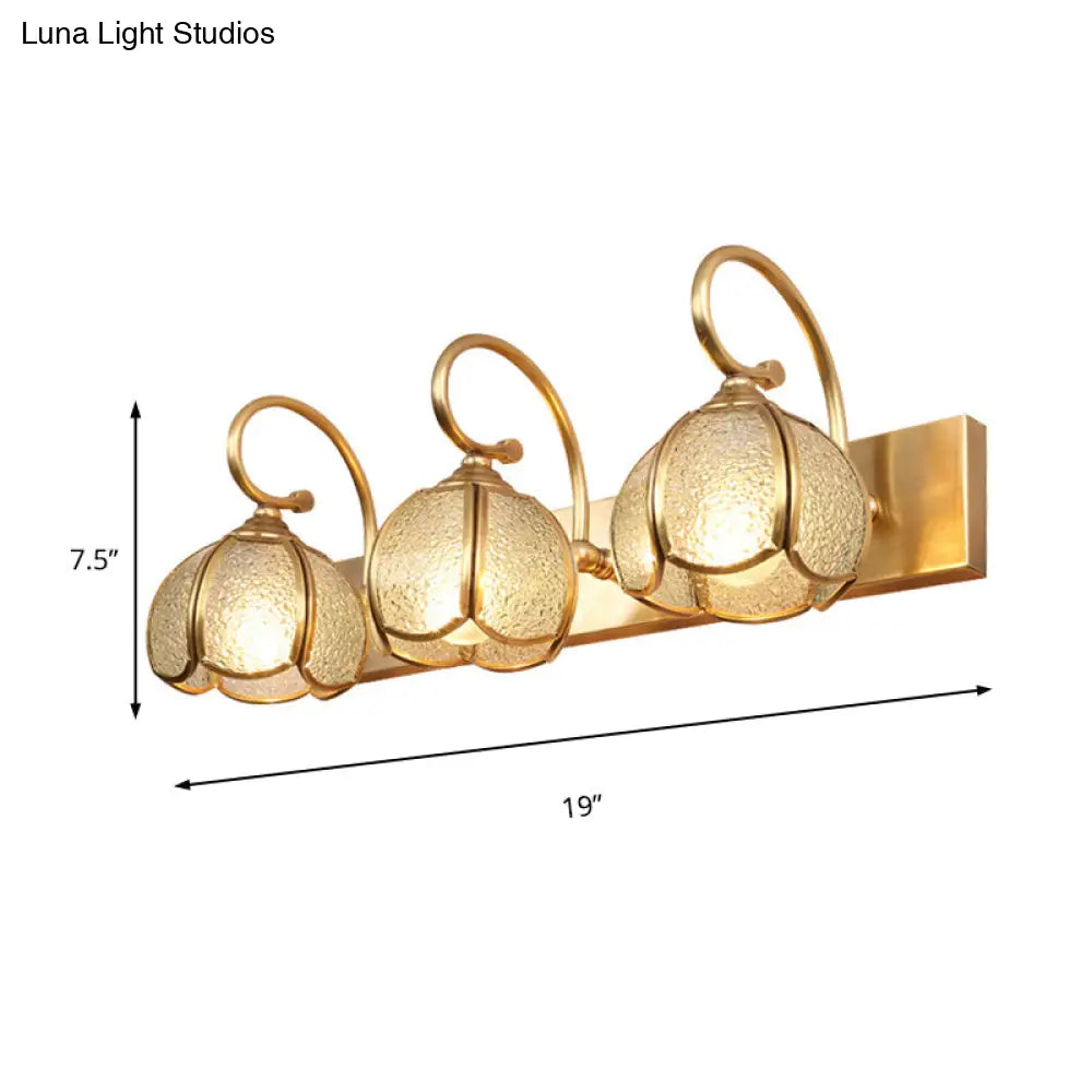 Traditional Brass Water Glass Sconce Light Fixture With Curved Arm - 2/3 Flower Bar Bulbs