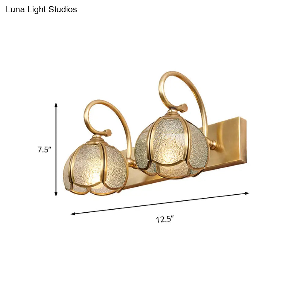 Traditional Brass Water Glass Sconce Light Fixture With Curved Arm - 2/3 Flower Bar Bulbs