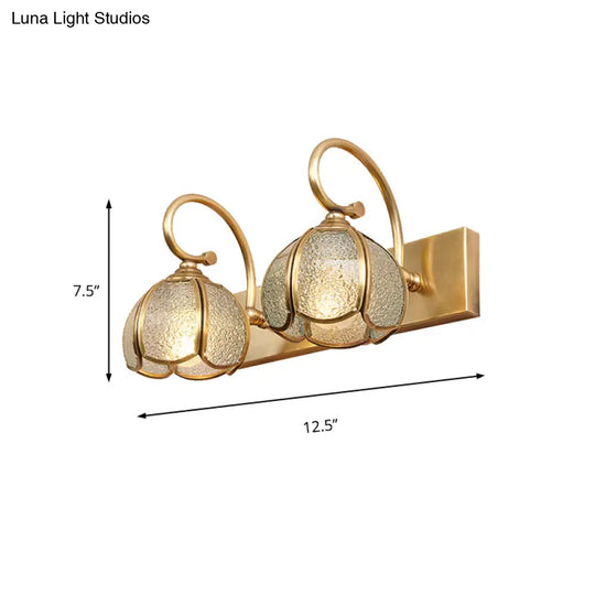 Traditional Brass Water Glass Sconce Light Fixture With Curved Arm - 2/3 Flower Bar Bulbs