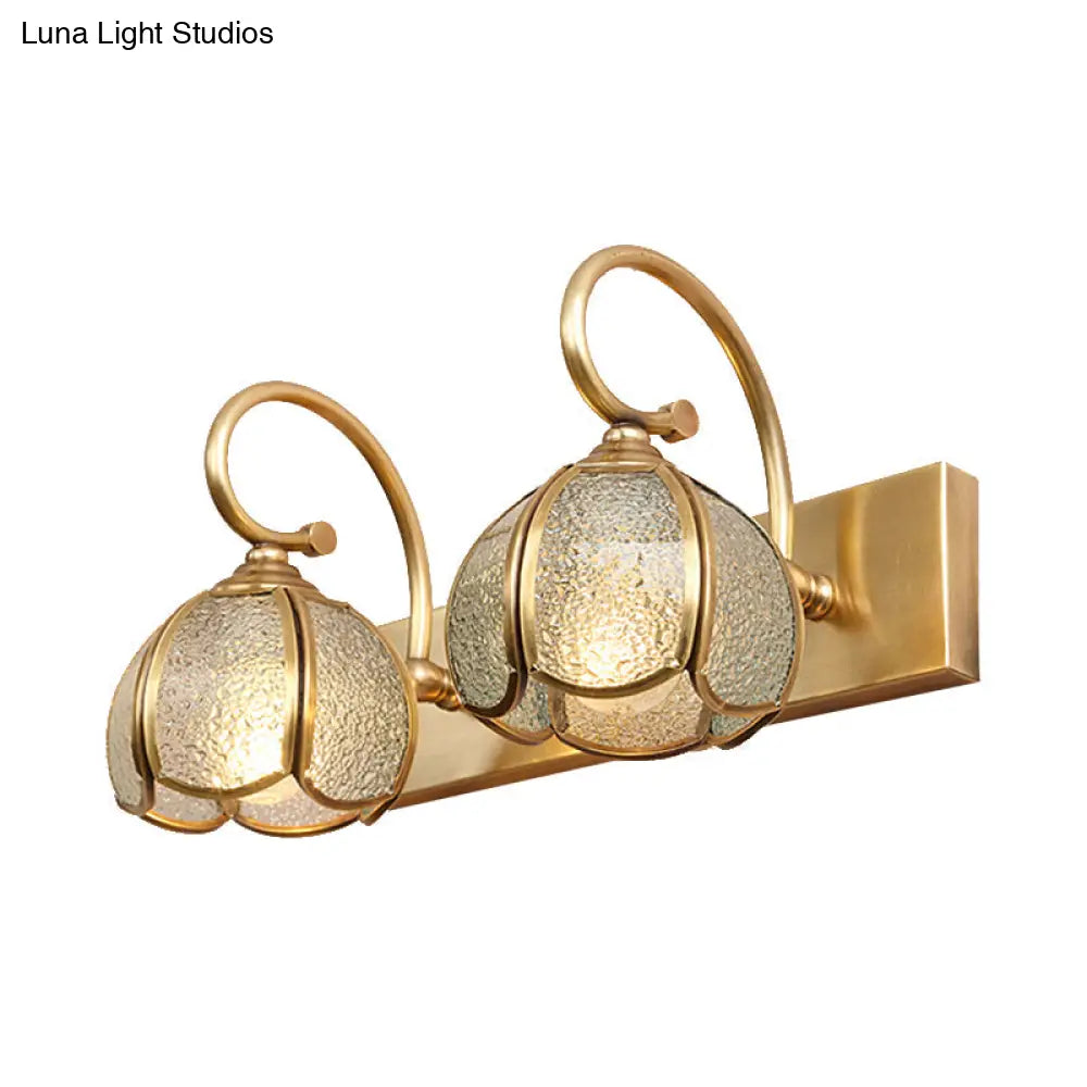 Traditional Brass Water Glass Sconce Light Fixture With Curved Arm - 2/3 Flower Bar Bulbs