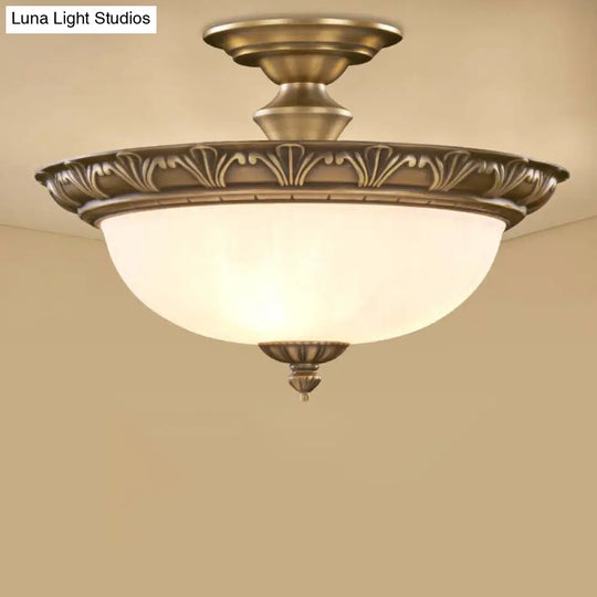 Traditional Bronze Bowl-Shaped Ceiling Lamp With Opal Glass - Elegant Semi-Mount Lighting For