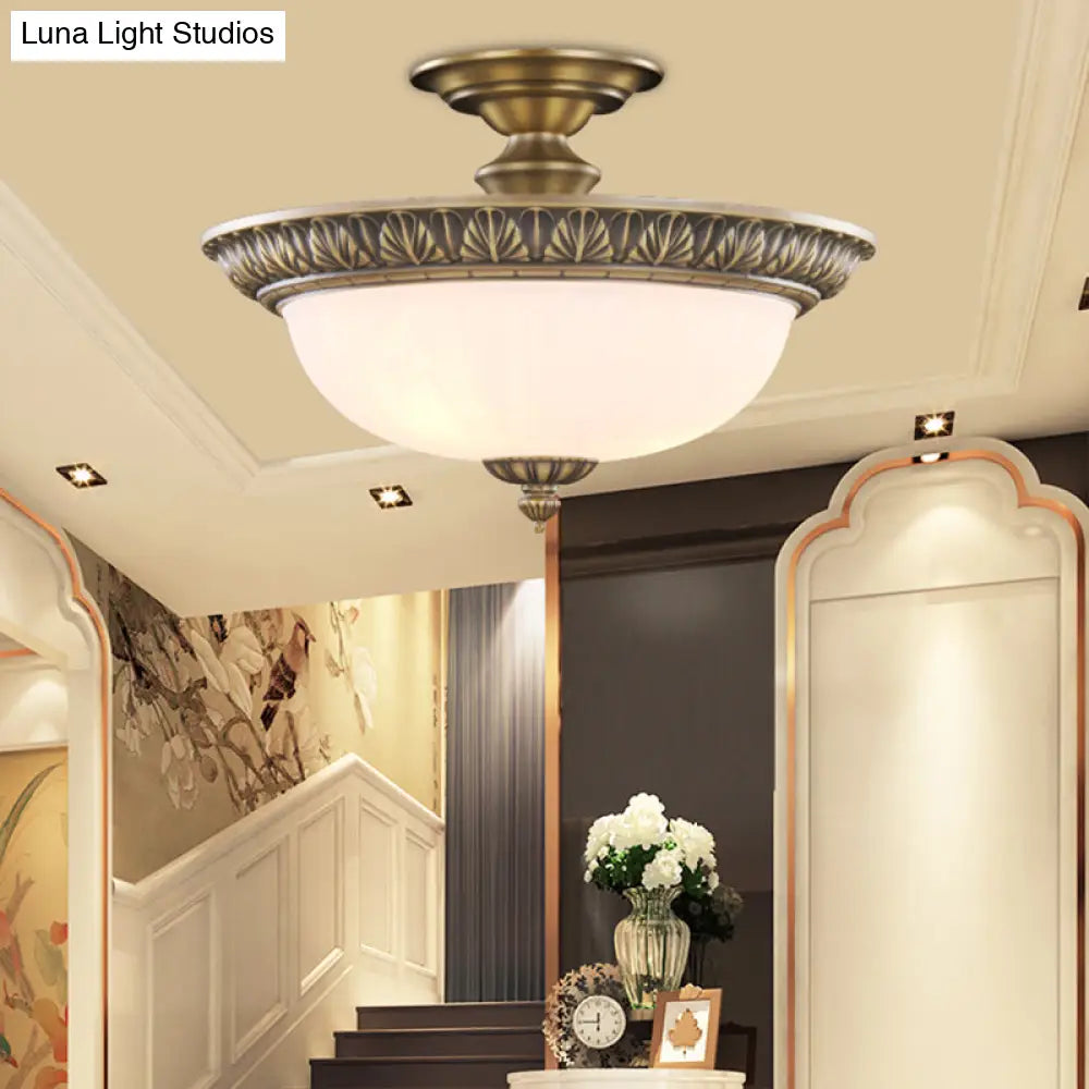 Traditional Bronze Bowl - Shaped Ceiling Lamp With Opal Glass - Elegant Semi - Mount Lighting For