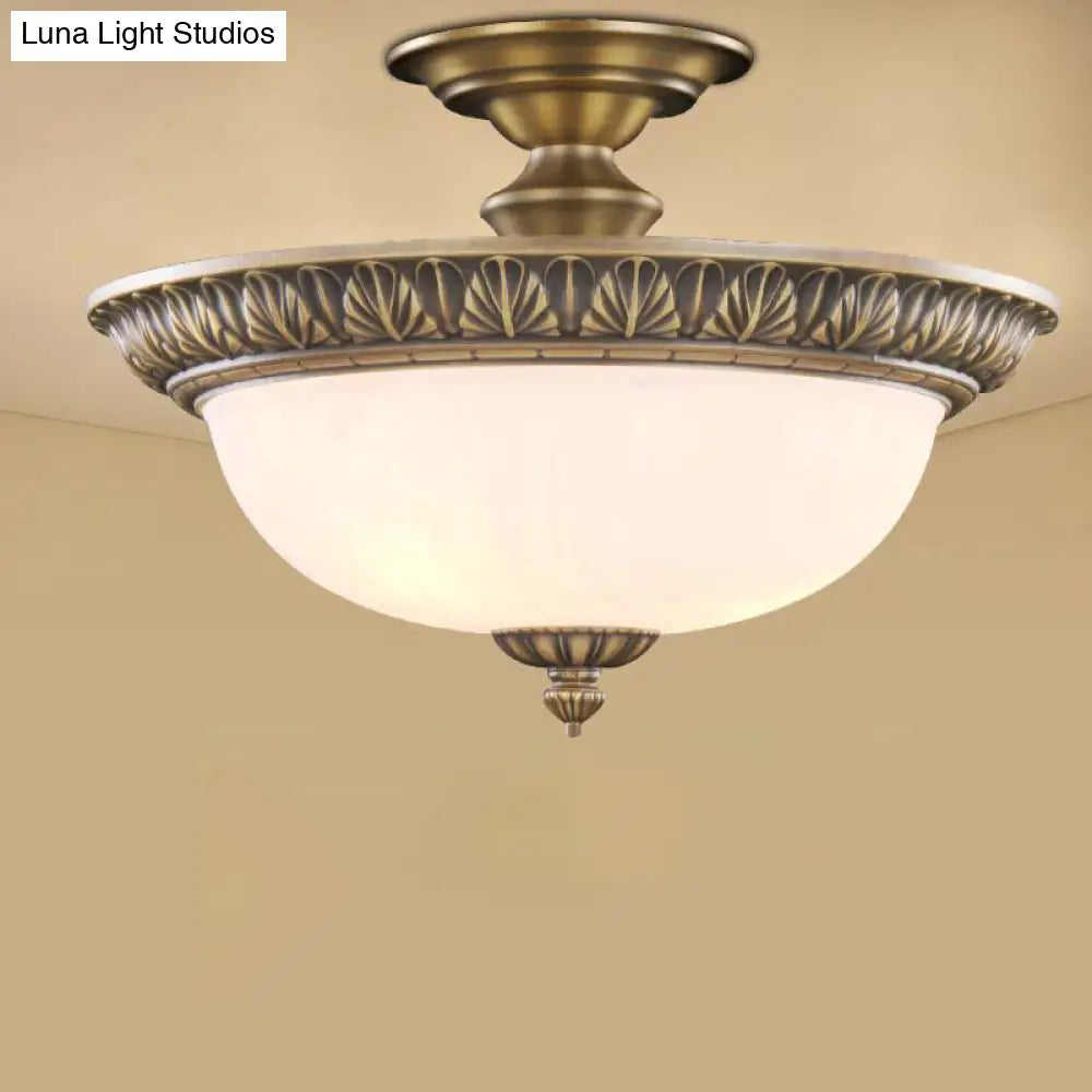 Traditional Bronze Bowl-Shaped Ceiling Lamp With Opal Glass - Elegant Semi-Mount Lighting For