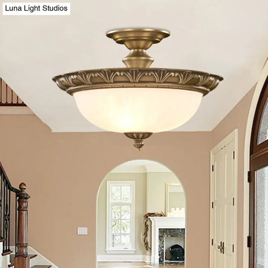 Traditional Bronze Bowl-Shaped Ceiling Lamp With Opal Glass - Elegant Semi-Mount Lighting For