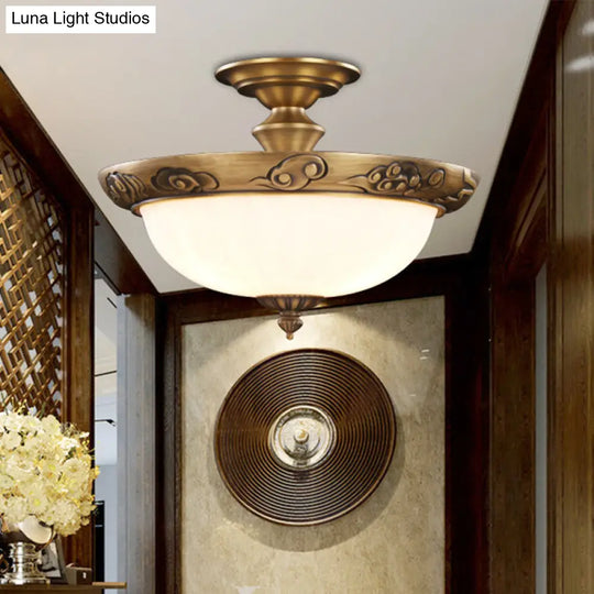 Traditional Bronze Bowl - Shaped Ceiling Lamp With Opal Glass - Elegant Semi - Mount Lighting For