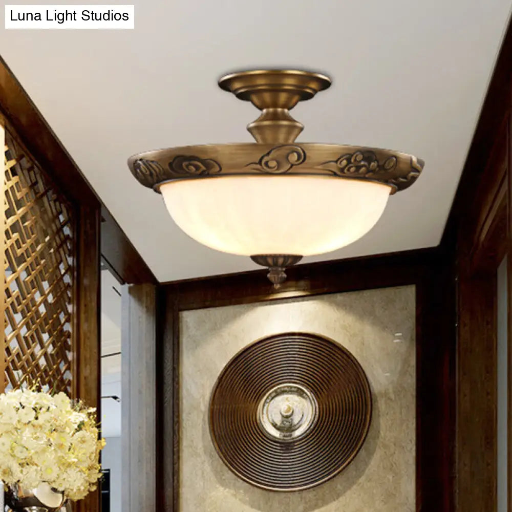 Traditional Bronze Bowl-Shaped Ceiling Lamp With Opal Glass - Elegant Semi-Mount Lighting For