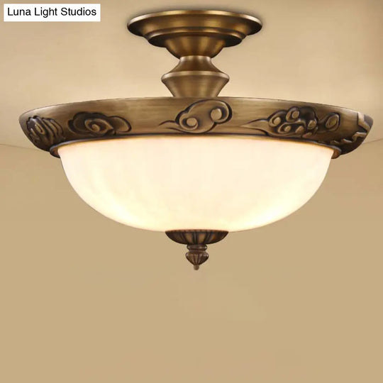 Traditional Bronze Bowl-Shaped Ceiling Lamp With Opal Glass - Elegant Semi-Mount Lighting For