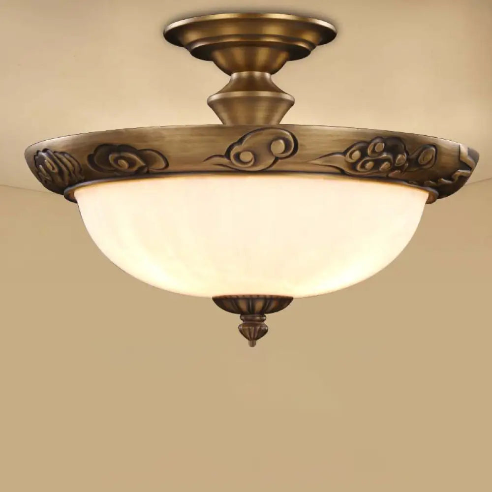 Traditional Bronze Bowl - Shaped Ceiling Lamp With Opal Glass - Elegant Semi - Mount Lighting For