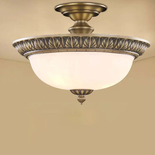 Traditional Bronze Bowl - Shaped Ceiling Lamp With Opal Glass - Elegant Semi - Mount Lighting For