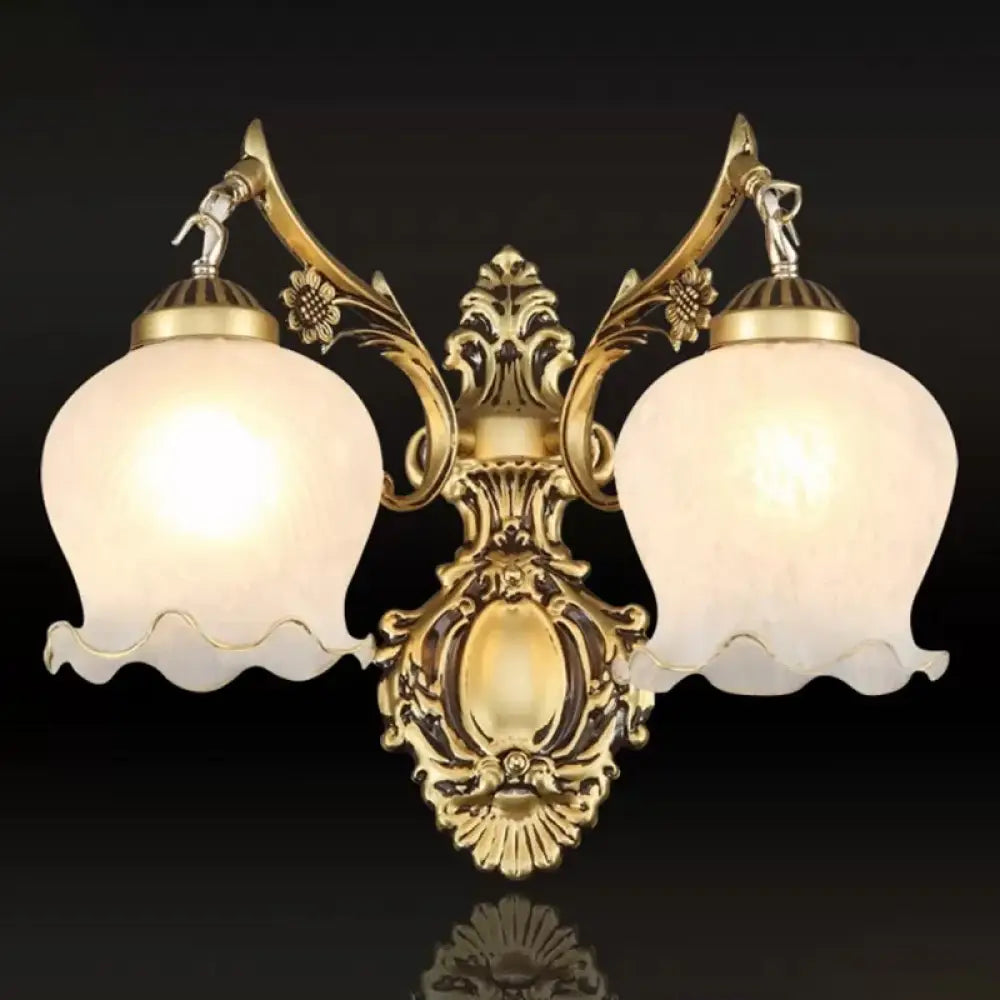 Traditional Bronze Floral Wall Sconce With Opal Frosted Glass Perfect For Bedroom Lighting - 2