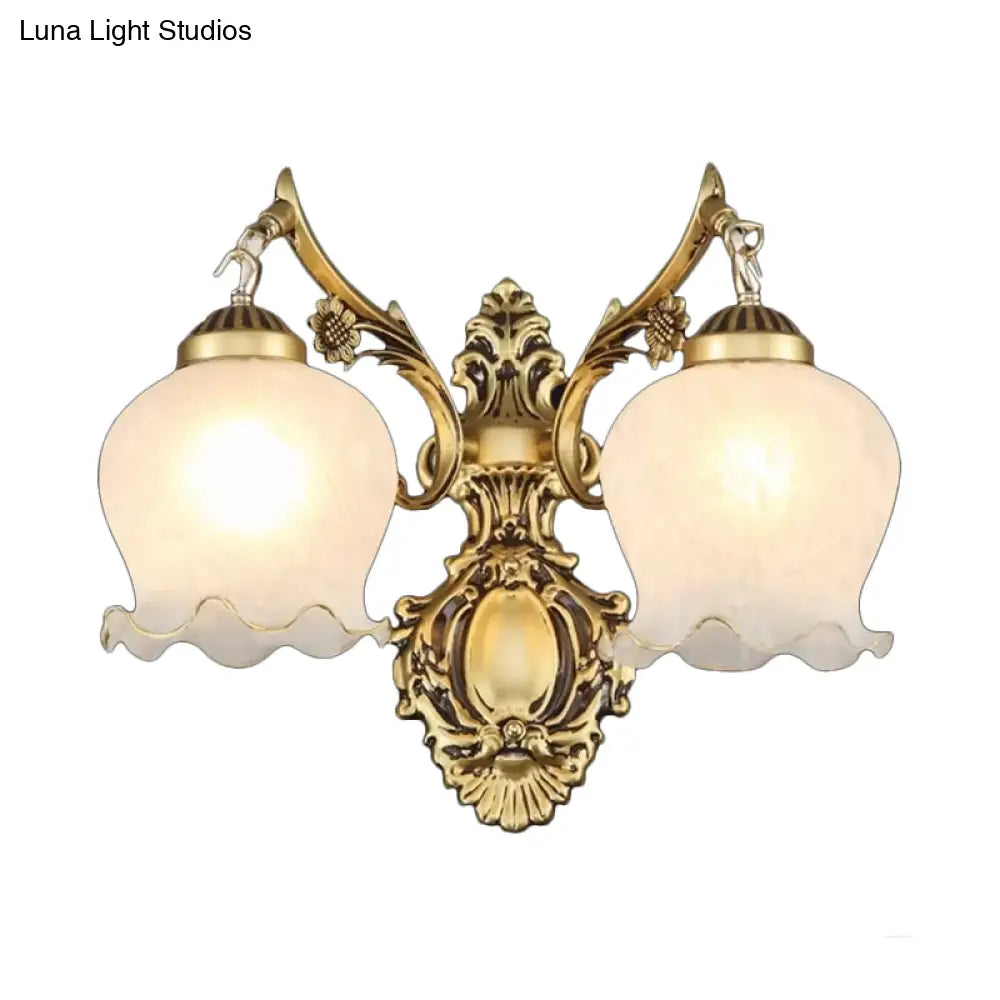 Traditional Bronze Floral Wall Sconce With Opal Frosted Glass Perfect For Bedroom Lighting - 2