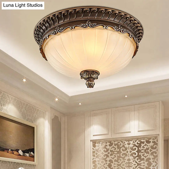 Traditional Bronze Flush Mount Ceiling Light Fixture With Frosted Glass Shade - 3 Lights